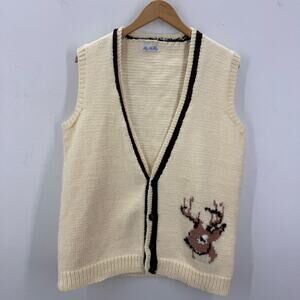 Vintage Cream Knit Sweater Vest Reindeer Applique Cottagecore Grandpa Hunter